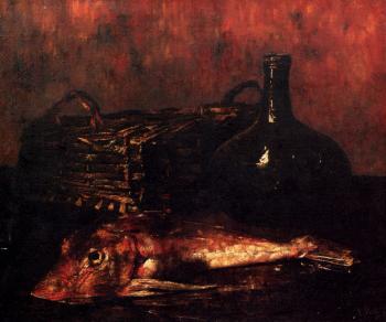 安東尼 沃倫 A Still Life With A Fish A Bottle And A Wicker Basket